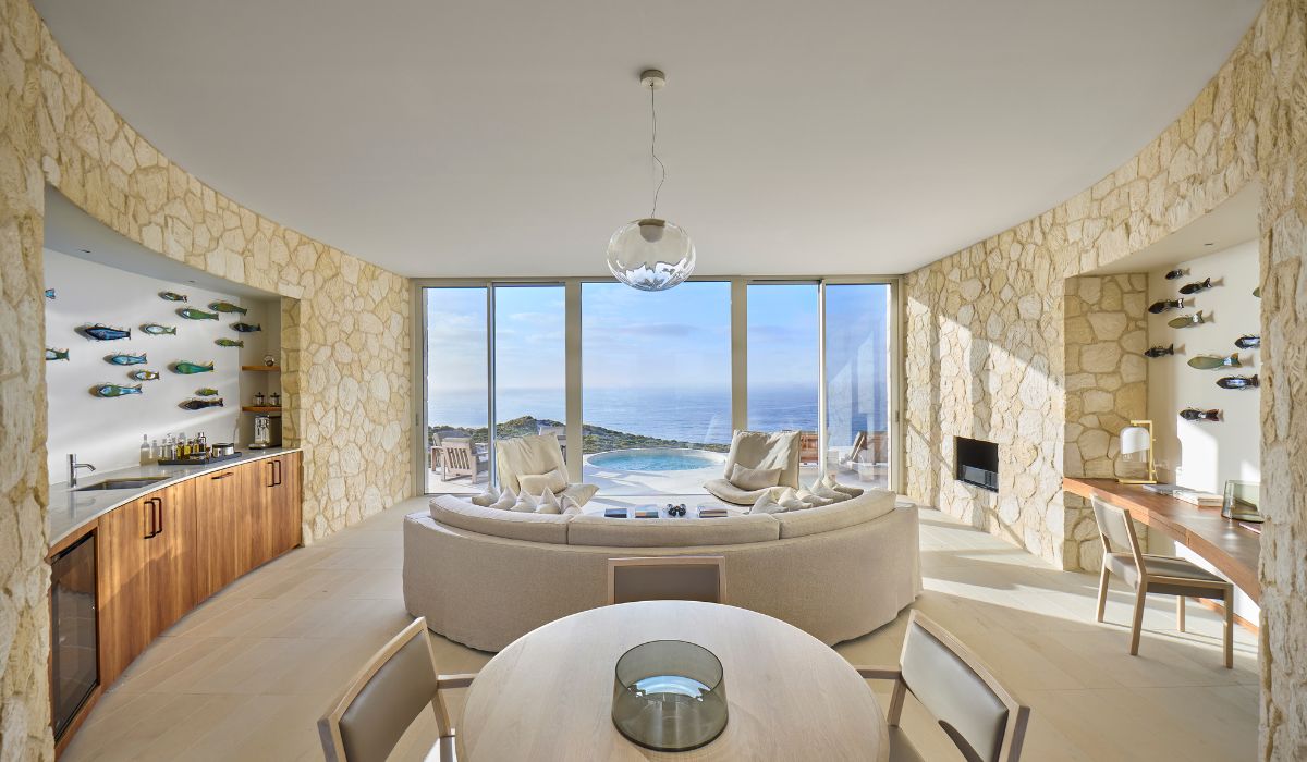 The living room of a luxury accommodation on Kangaroo Island with view out over the sea